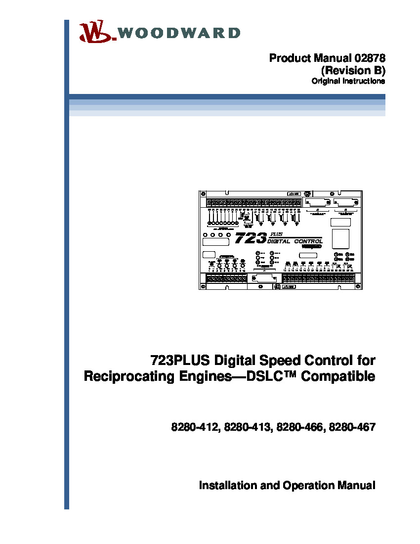 First Page Image of 8280-412 Woodward 723PLUS Digital Speed Control for Reciprocating Engines-DSLC Compatible 02878.pdf